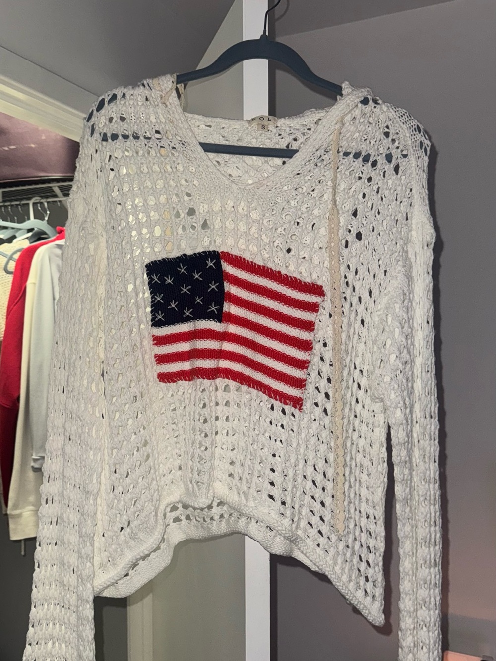 POL White Open-Knit V-Neck Sweater with Flag Motif